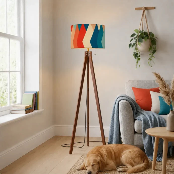 Retro 70s Midcentury Style Floor Lamp: Wooden Tripod Linen Shade Remote - retro floor lamps