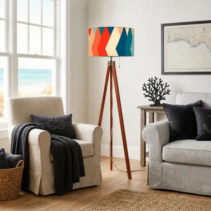 Retro 70s Midcentury Style Floor Lamp: Wooden Tripod Linen Shade Remote - retro floor lamps