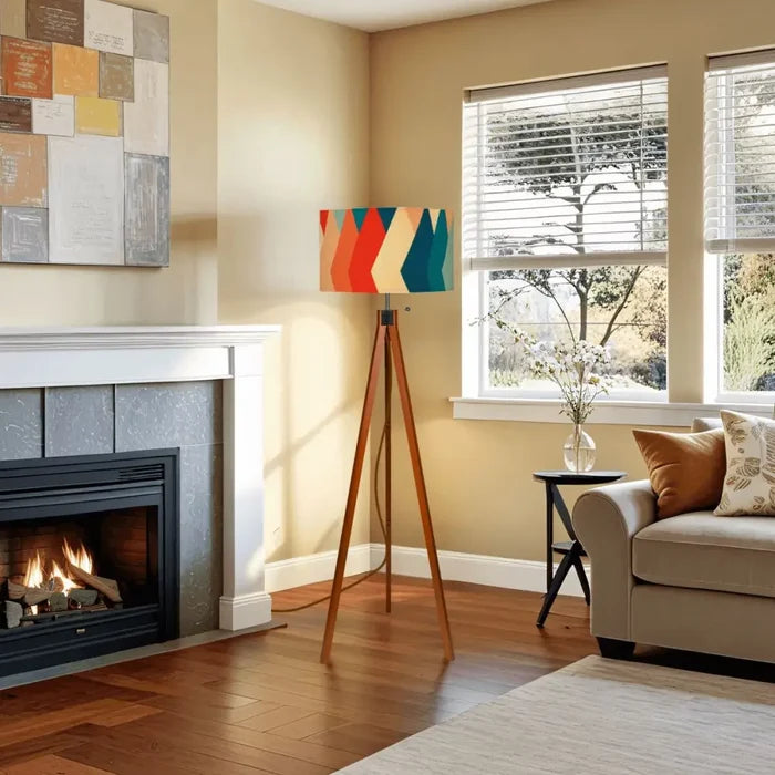 Retro 70s Midcentury Style Floor Lamp: Wooden Tripod Linen Shade Remote - retro floor lamps