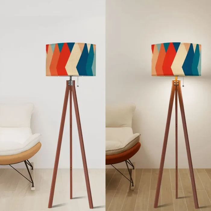 Retro 70s Midcentury Style Floor Lamp: Wooden Tripod Linen Shade Remote - retro floor lamps