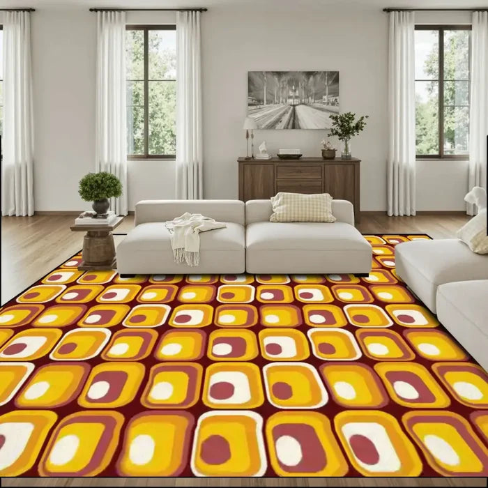 Retro 70s Orange Midcentury Rug 12x9 ft – Soft Non-Slip Living Room Carpet - 144’’x108’’ - retro rug