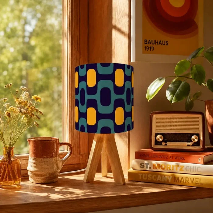 Retro 70s Pattern Table Lamp – Wood Tripod Base Linen Shade - retro table lamps