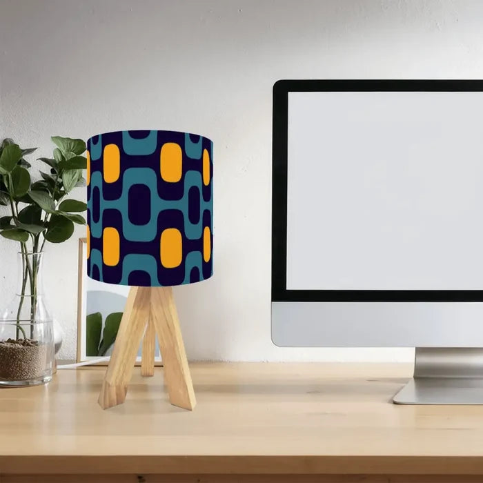 Retro 70s Pattern Table Lamp – Wood Tripod Base Linen Shade - retro table lamps
