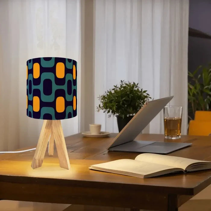 Retro 70s Pattern Table Lamp – Wood Tripod Base Linen Shade - retro table lamps