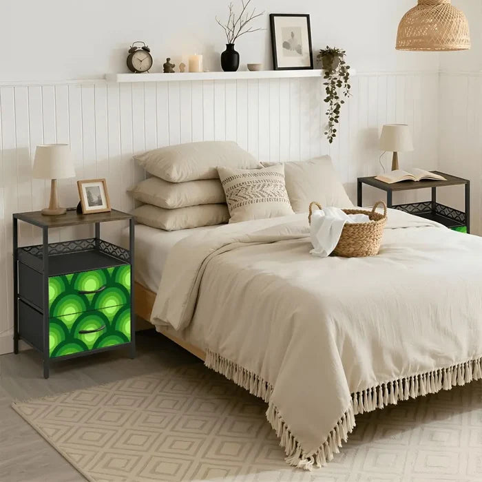 Retro 70s Peacock Eyes Bedside Table with Power Strip & 2 Drawers - retro bedside table