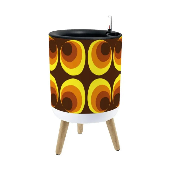 Retro 70s Scandi Style Plant Pot with Wooden Legs: Yellow Orange Brown - retro plant pot