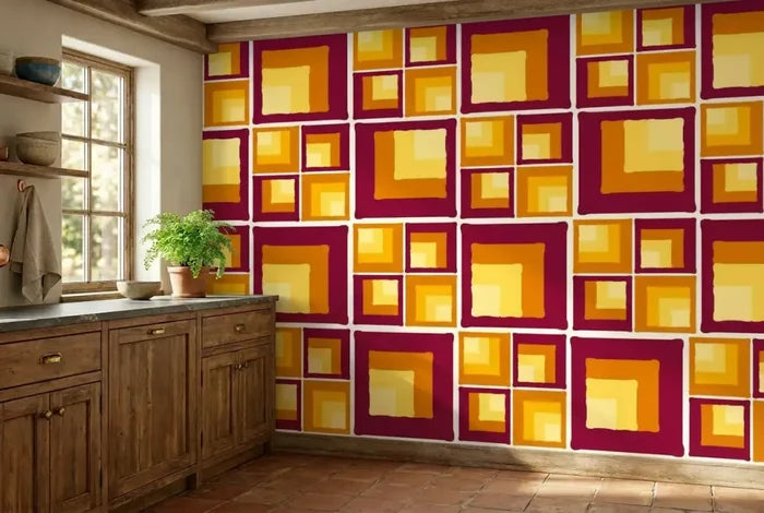 Retro 70s Stick and Peel Wallpaper: Mid-Century Modern Removable Mural - 144’’x100’’ - retro wallpaper