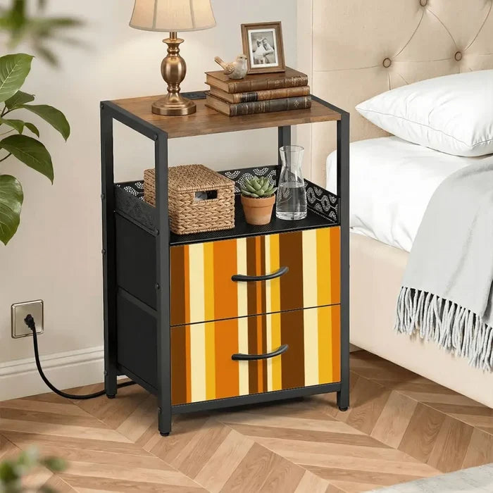 Retro 70s Striped Bedside Cabinet with Integrated Power Access - retro bedside table