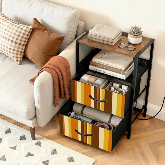 Retro 70s Striped Bedside Cabinet with Integrated Power Access - retro bedside table