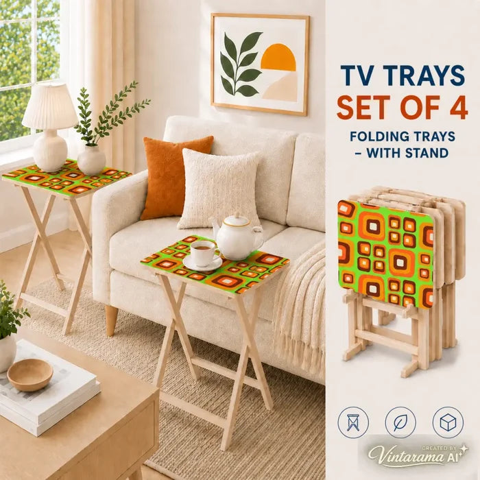 Retro 70s Style Folding TV Trays Set of 4 + Storage Rack Wooden Tables - 4 Pack - retro tv tray