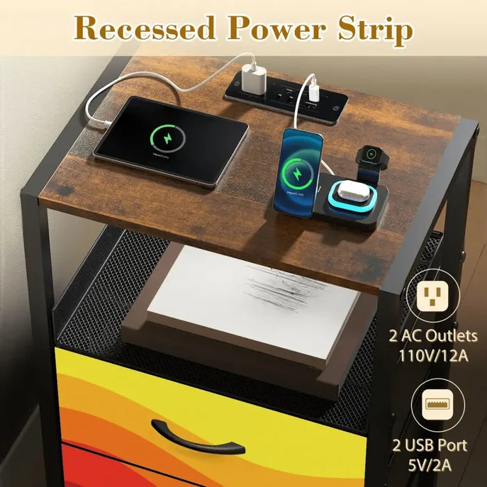 Retro 70s Sunset Midcentury Bedside Table with Power Strip & Drawers - retro bedside table