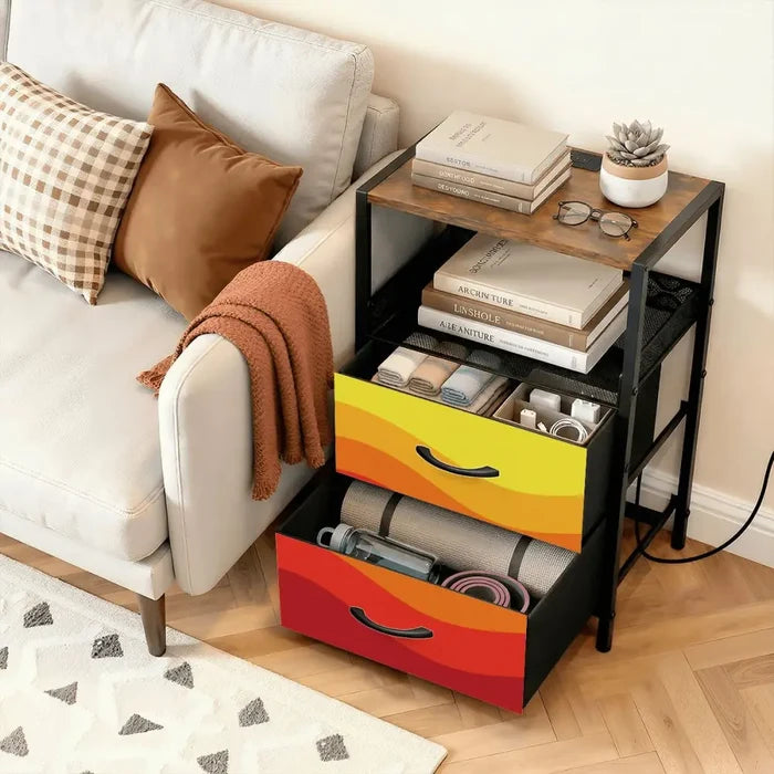 Retro 70s Sunset Midcentury Bedside Table with Power Strip & Drawers - retro bedside table