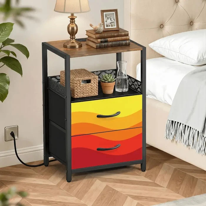 Retro 70s Sunset Midcentury Bedside Table with Power Strip & Drawers - retro bedside table