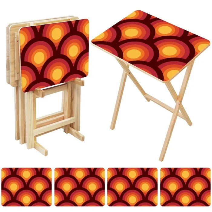 Retro 70s Wooden TV Tray Set with Stand – Folding Snack Tables Set of 4 - 4 Pack - retro tv tray