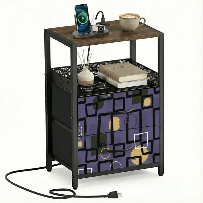 Retro Atomic Side Table with Power Outlets - Nightstand with Two Drawers - retro bedside table
