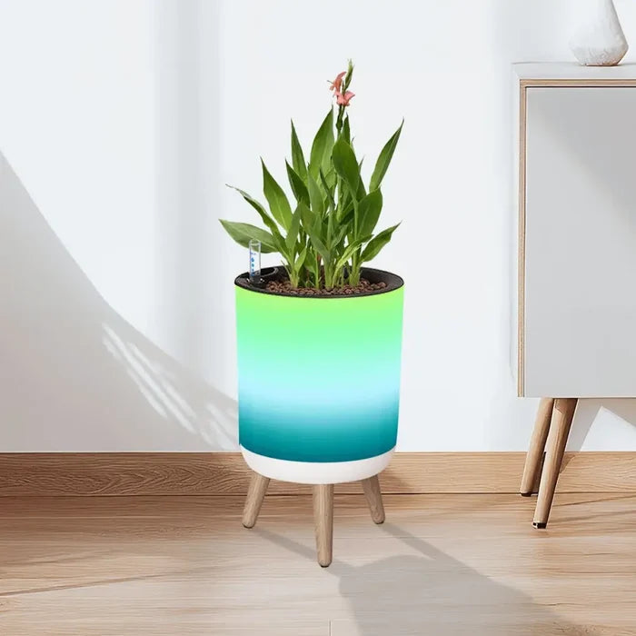 Retro Flower Pot - 70s Style Wooden Legs Fading Blue Green - Home Accessories