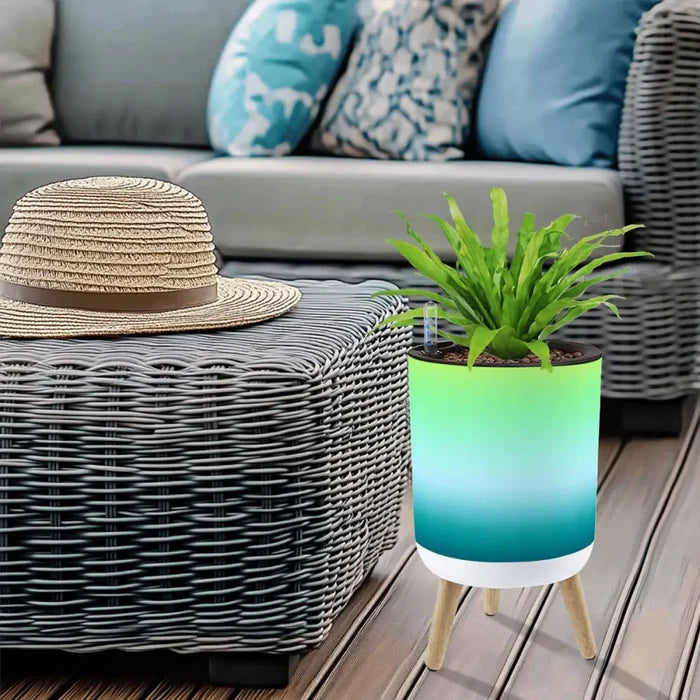 Retro Flower Pot - 70s Style Wooden Legs Fading Blue Green - Home Accessories