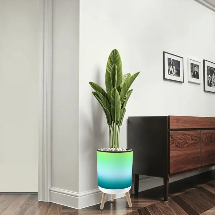Retro Flower Pot - 70s Style Wooden Legs Fading Blue Green - Home Accessories