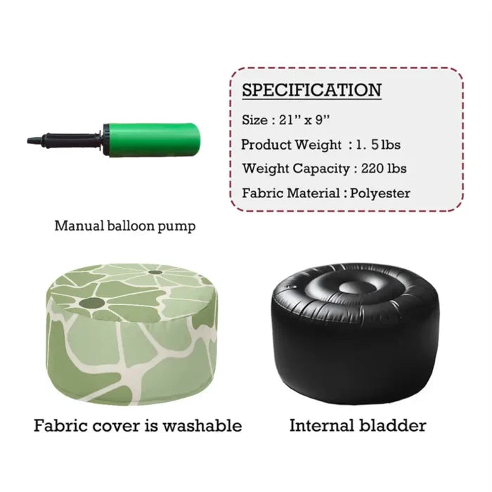 Retro Green White Floral Inflatable Ottoman – Midcentury Footstool Seat - pouf