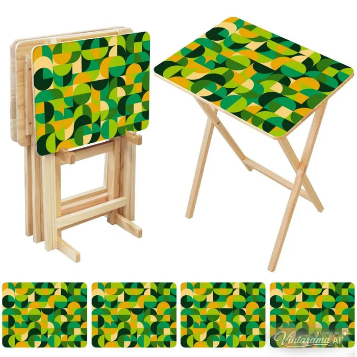Retro Green Wooden Folding TV Side Tables with Storage Stand – Set of 4 - 4 Pack - retro tv tray