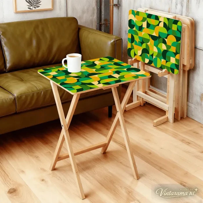 Retro Green Wooden Folding TV Side Tables with Storage Stand – Set of 4 - 4 Pack - retro tv tray