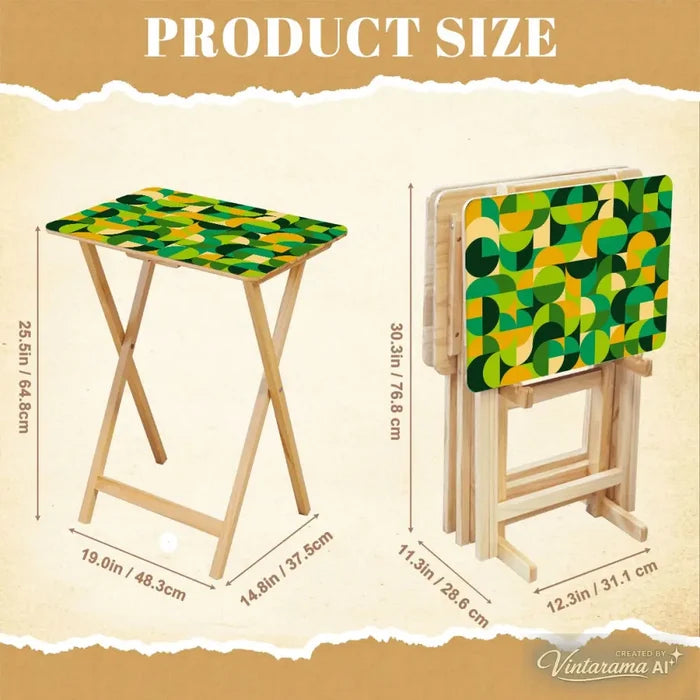 Retro Green Wooden Folding TV Side Tables with Storage Stand – Set of 4 - 4 Pack - retro tv tray