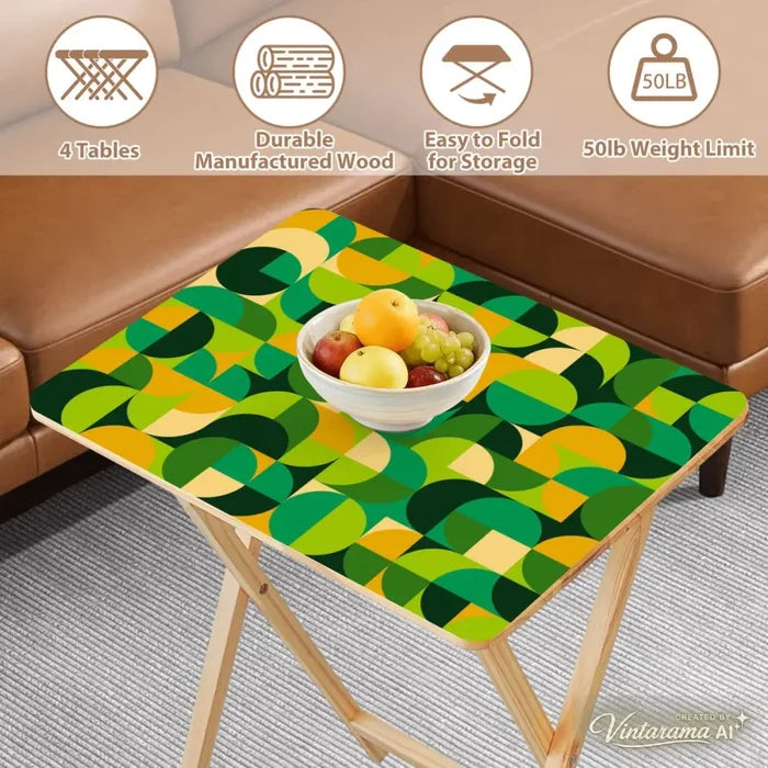 Retro Green Wooden Folding TV Side Tables with Storage Stand – Set of 4 - 4 Pack - retro tv tray