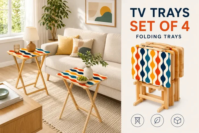 Retro Midcentury TV Dinner Tables – 4 Folding Trays with Rack - 4 Pack - retro tv tray