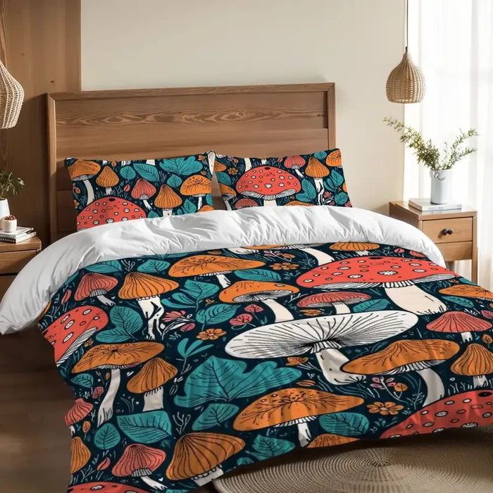Retro Mushrooms Duvet Cover Set: 70s Full Size Microfiber Bedding - Bedding - retro