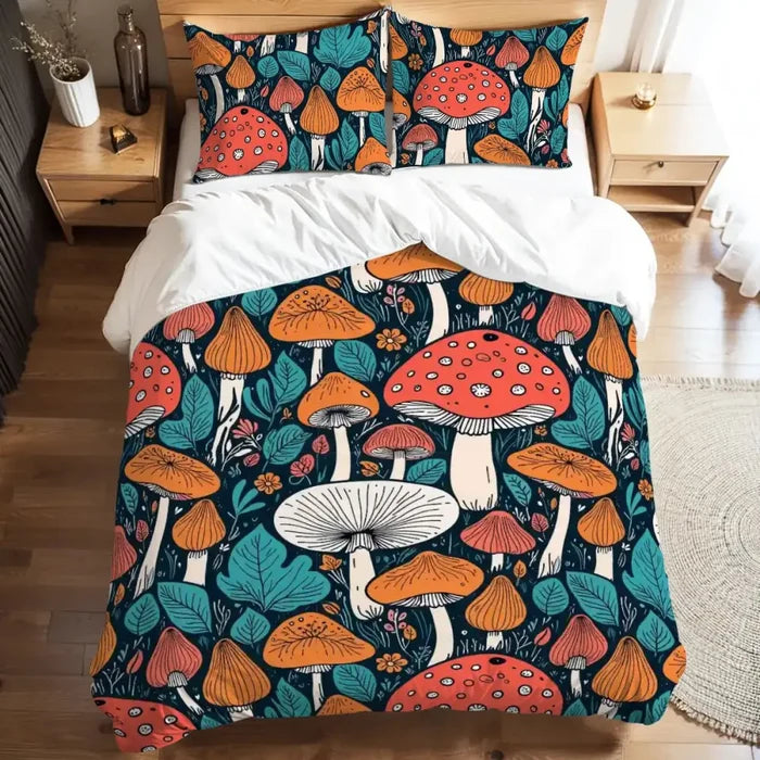 Retro Mushrooms Duvet Cover Set: 70s Full Size Microfiber Bedding - Bedding - retro