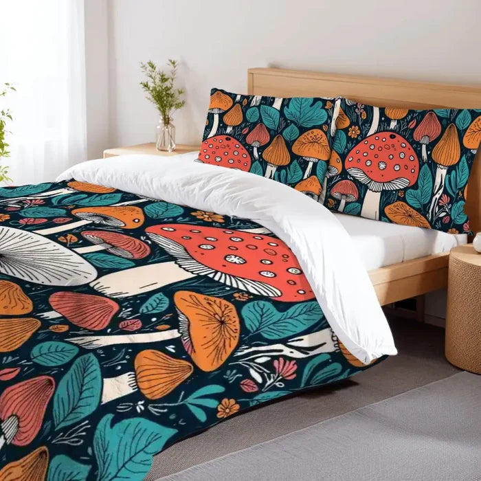 Retro Mushrooms Duvet Cover Set: 70s Full Size Microfiber Bedding - Bedding - retro