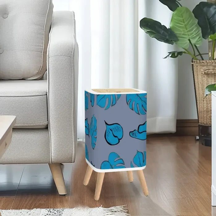 Retro Nordic Square Small Trash Can with Lid Taupe Blue with Leaves - One Size - retro tash cans