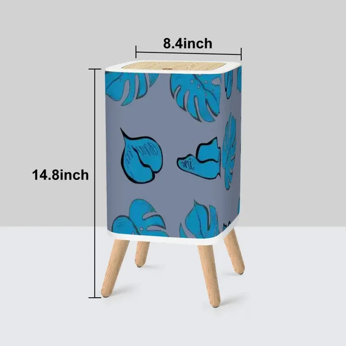 Retro Nordic Square Small Trash Can with Lid Taupe Blue with Leaves - One Size - retro tash cans