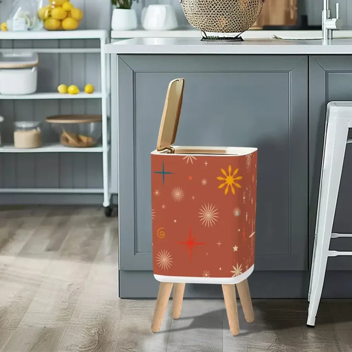 Retro Nordic Square Trash Can with Lid Christmas Stars Celestial Brick Red - One Size - retro tash cans