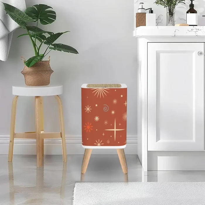 Retro Nordic Square Trash Can with Lid Christmas Stars Celestial Brick Red - One Size - retro tash cans