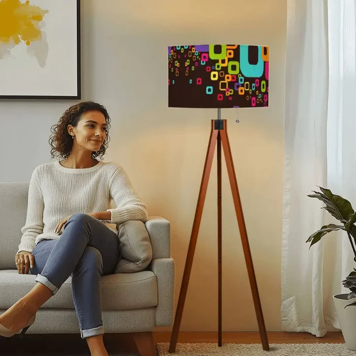 Retro Nordic Tripod Floor Lamp: 1960s Pattern Linen Shade Smart LED Remote - retro floor lamps