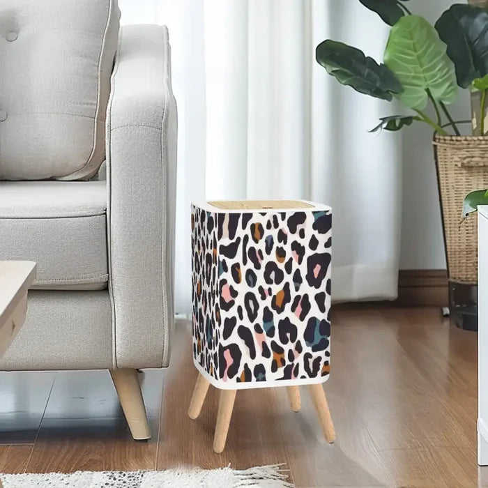 Retro Square Small Trash Can with Lid Colorful Leopard Pattern - One Size - retro tash cans
