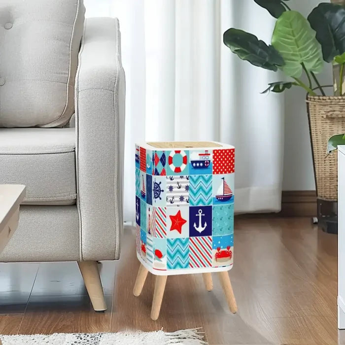 Retro Square Small Trash Can with Lid Maritime Nautical Patchwork - One Size - retro tash cans