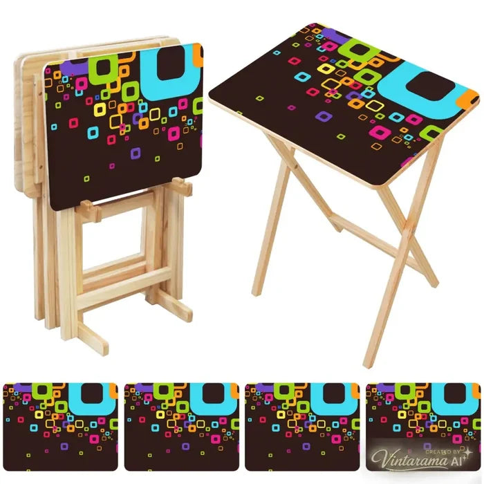 Retro Wooden Folding Side Tables Set of 4 – TV Trays with Storage Stand - 4 Pack - retro tv tray