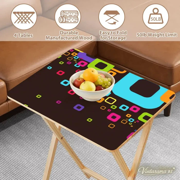 Retro Wooden Folding Side Tables Set of 4 – TV Trays with Storage Stand - 4 Pack - retro tv tray
