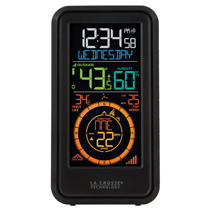 Head-on image of the S81120 Color Weather Station with Breeze featuring a color display in a vertical design with time, date, outdoor temperature, humidity, feels like reading, wind speed, and wind direction