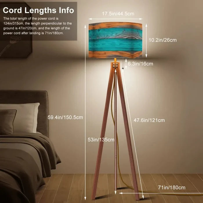 Scandinavian Retro Tripod Floor Lamp - Rustic Wood Grain Brown Blue - retro floor lamps
