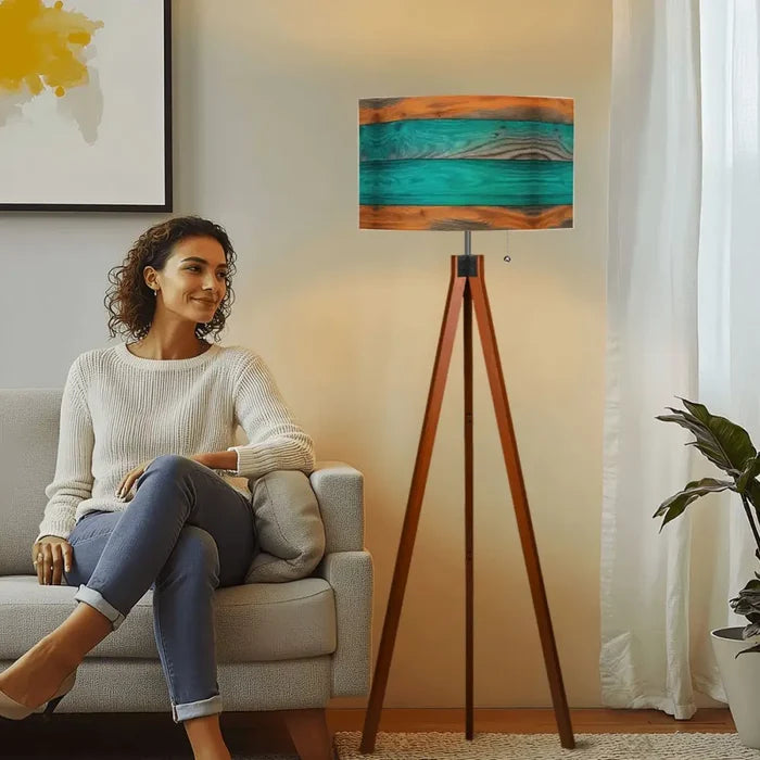 Scandinavian Retro Tripod Floor Lamp - Rustic Wood Grain Brown Blue - retro floor lamps