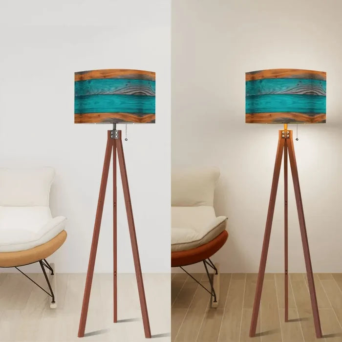 Scandinavian Retro Tripod Floor Lamp - Rustic Wood Grain Brown Blue - retro floor lamps