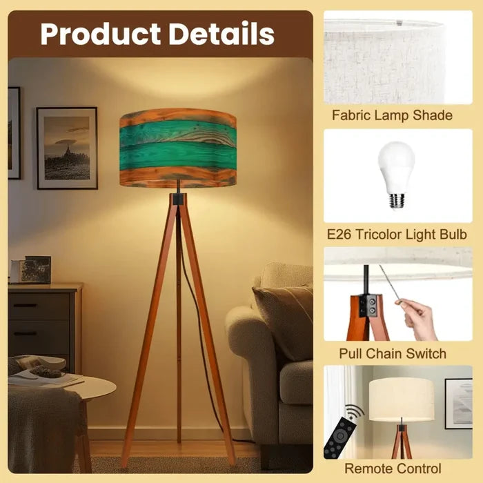 Scandinavian Retro Tripod Floor Lamp - Rustic Wood Grain Brown Blue - retro floor lamps