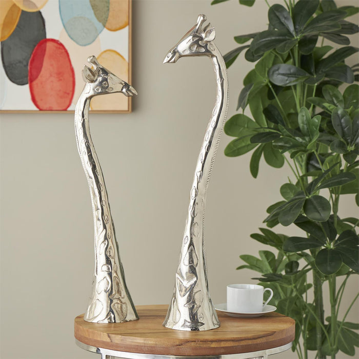 Silver Aluminum Metal Giraffe Tall Decorative Sculpture with Spotted Texturing