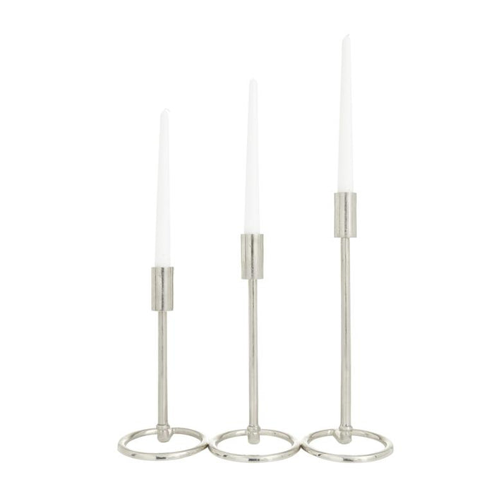 SILVER ALUMINUM TAPERED CANDLE HOLDER WITH RING BASES,