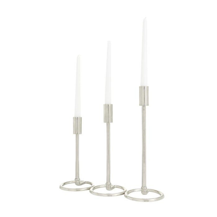 SILVER ALUMINUM TAPERED CANDLE HOLDER WITH RING BASES,
