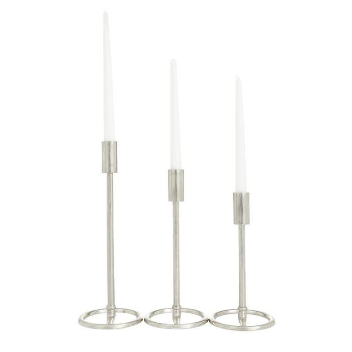 SILVER ALUMINUM TAPERED CANDLE HOLDER WITH RING BASES,