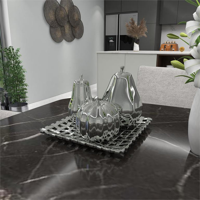 SILVER CERAMIC FRUIT DECORATIVE SCULPTURE WITH PLATE,